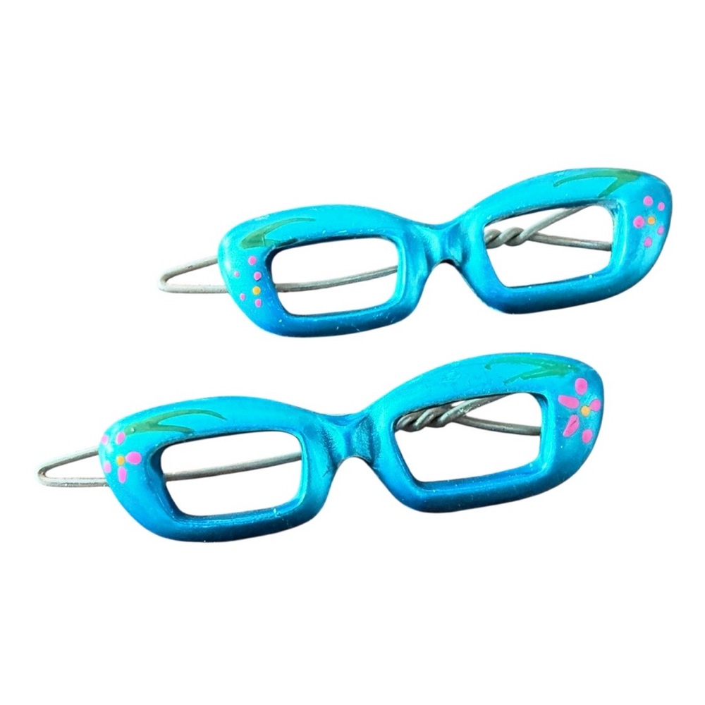 Vintage Cateye Glasses Barrettes Hair Clips, Hand Painted Blue, Deadstock, 2”